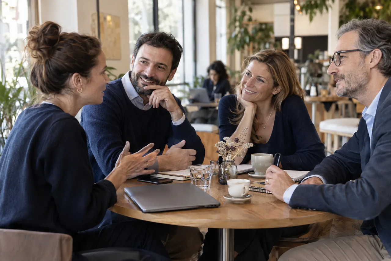 Des professionnels partagent leurs expériences et leurs conseils. Scène générée par IA.