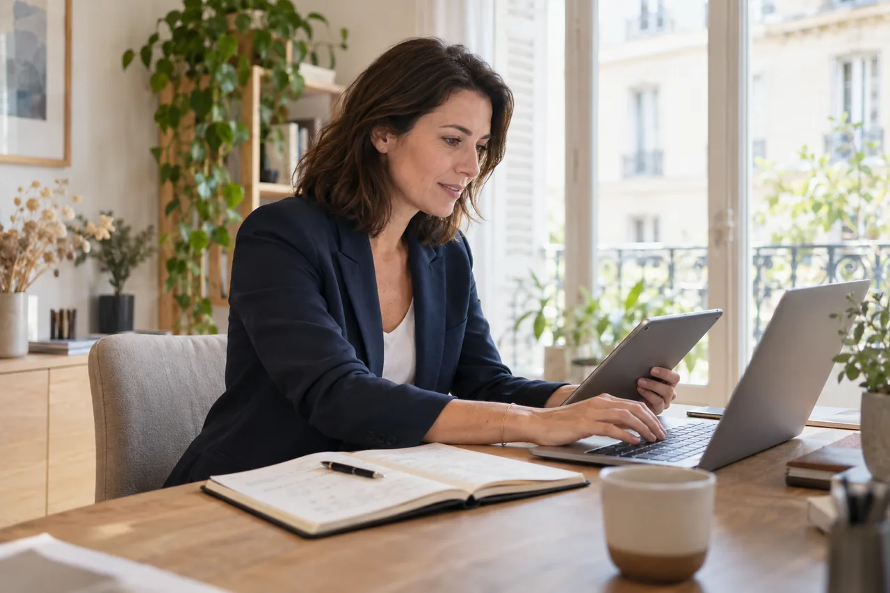 Une professionnelle utilise ses outils sur ordinateur et tablette. Scène générée par IA.