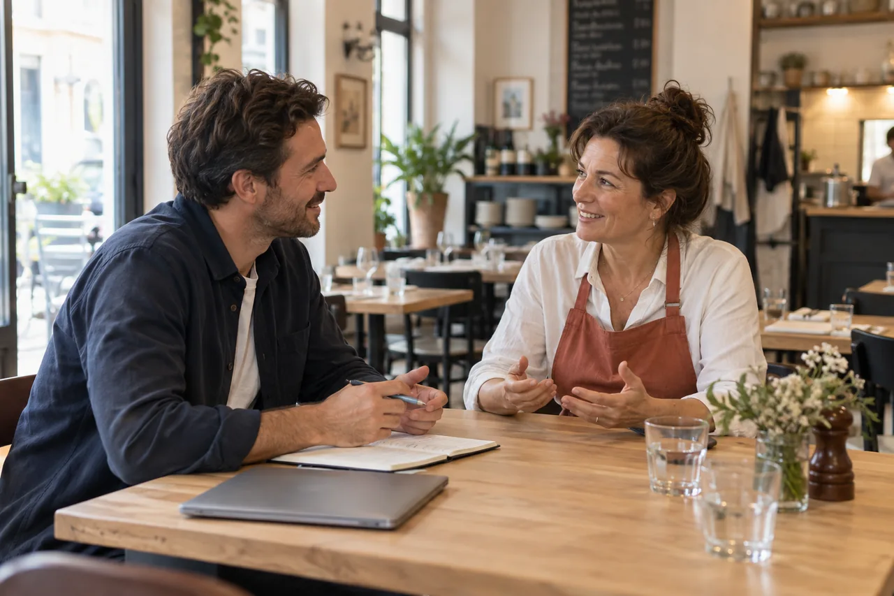 Un conseiller échange avec une restauratrice dans son établissement. Illustration générée par IA.