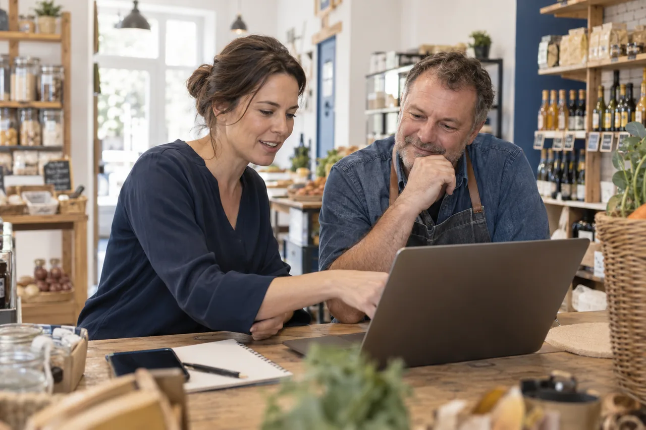 Une conseillère et un commerçant configurent ensemble un outil sur ordinateur. Illustration générée par IA.